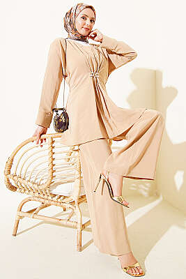 Gold Aksesuarlı V Yaka Modal İkili Takım Bej - BERAT TEKSTİL