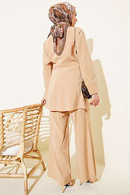 Gold Aksesuarlı V Yaka Modal İkili Takım Bej - İkili Takım