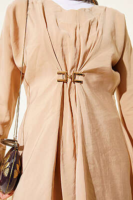 Gold Aksesuarlı V Yaka Modal İkili Takım Bej - İkili Takım