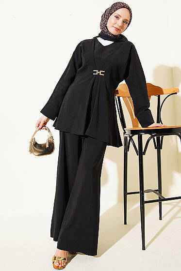 Gold Aksesuarlı V Yaka Modal İkili Takım Siyah - İkili Takım