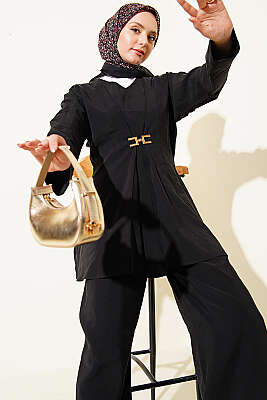 Gold Aksesuarlı V Yaka Modal İkili Takım Siyah - İkili Takım