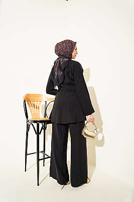 Gold Aksesuarlı V Yaka Modal İkili Takım Siyah - İkili Takım