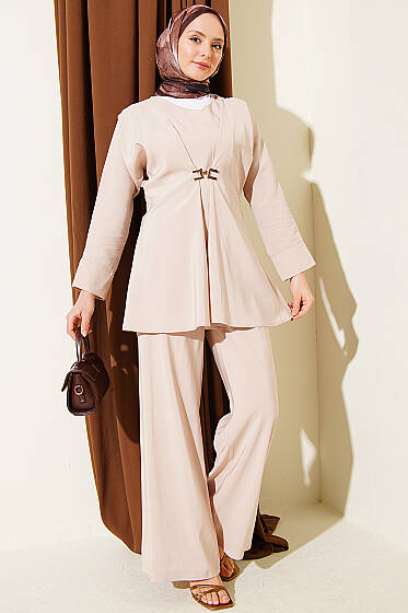 Gold Aksesuarlı V Yaka Modal İkili Takım Taş - İkili Takım