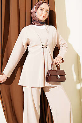 Gold Aksesuarlı V Yaka Modal İkili Takım Taş - İkili Takım