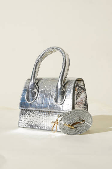 Gold Arma Detaylı Rugan Çanta Gümüş - Kol Çantası