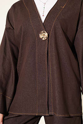 Gold Broş Detaylı İkili Takım Acı Kahve - İkili Takım