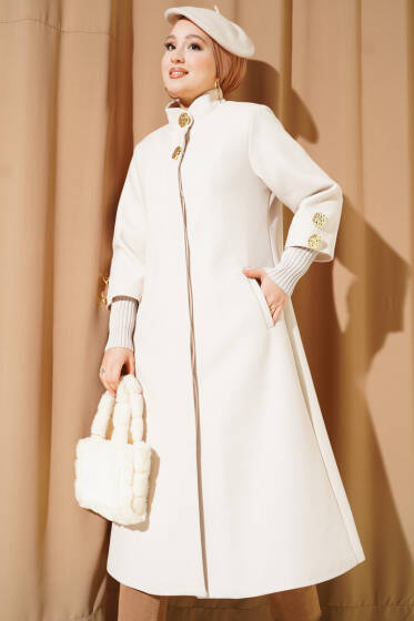 Gold Broşlu Cepli Kaşe Kaban Bej - Kaban