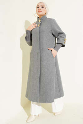 Gold Broşlu Cepli Kaşe Kaban Gri - BERAT TEKSTİL