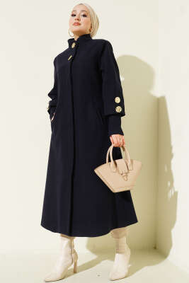 Gold Broşlu Cepli Kaşe Kaban Lacivert - BERAT TEKSTİL