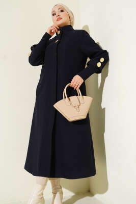 Gold Broşlu Cepli Kaşe Kaban Lacivert - Kaban