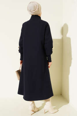 Gold Broşlu Cepli Kaşe Kaban Lacivert - Kaban