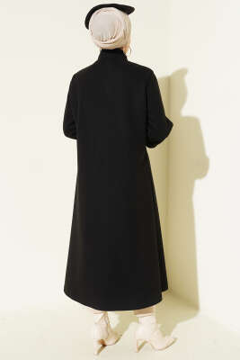 Gold Broşlu Cepli Kaşe Kaban Siyah - Kaban