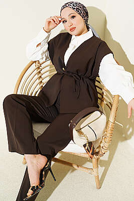 Gold Broşlu Yelekli İkili Takım Acı Kahve - MD TREND