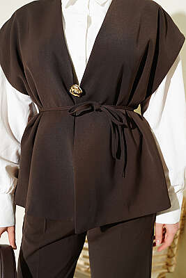 Gold Broşlu Yelekli İkili Takım Acı Kahve - İkili Takım