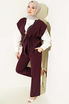 Gold Broşlu Yelekli İkili Takım Bordo - MD TREND