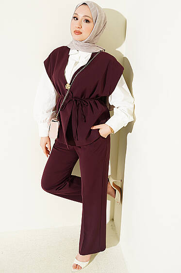 Gold Broşlu Yelekli İkili Takım Bordo - İkili Takım