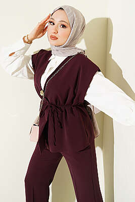 Gold Broşlu Yelekli İkili Takım Bordo - İkili Takım