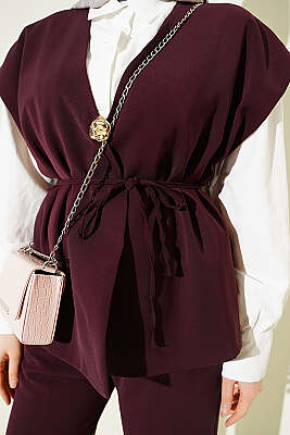 Gold Broşlu Yelekli İkili Takım Bordo - İkili Takım