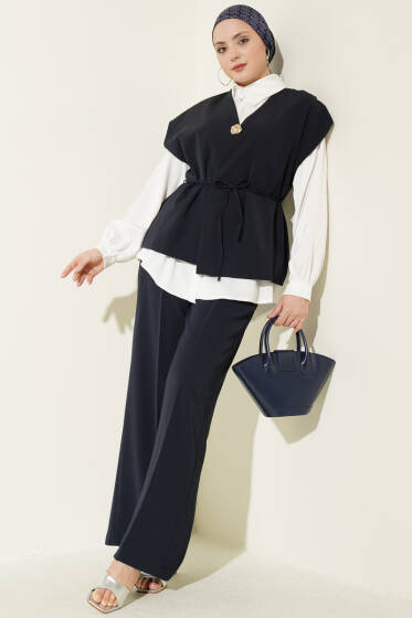 Gold Broşlu Yelekli İkili Takım Lacivert - İkili Takım