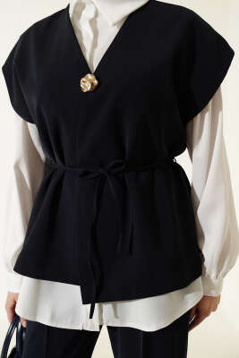 Gold Broşlu Yelekli İkili Takım Lacivert - İkili Takım