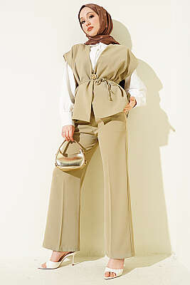 Gold Broşlu Yelekli İkili Takım Nefti - İkili Takım