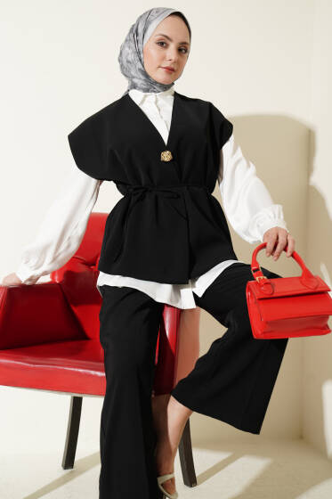 Gold Broşlu Yelekli İkili Takım Siyah - İkili Takım