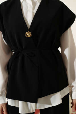 Gold Broşlu Yelekli İkili Takım Siyah - İkili Takım