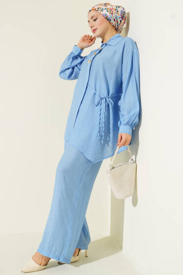 Gold Detaylı İp Bağlamalı İkili Takım Bebe Mavi - İkili Takım