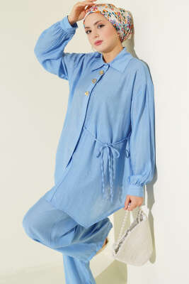 Gold Detaylı İp Bağlamalı İkili Takım Bebe Mavi - İkili Takım