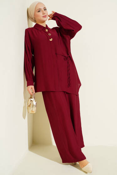 Gold Detaylı İp Bağlamalı İkili Takım Bordo - İkili Takım