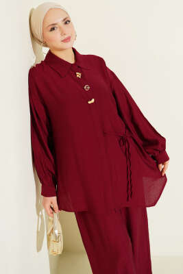 Gold Detaylı İp Bağlamalı İkili Takım Bordo - İkili Takım