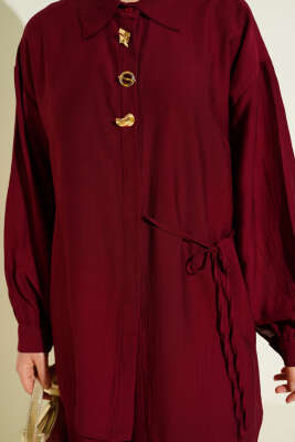 Gold Detaylı İp Bağlamalı İkili Takım Bordo - İkili Takım