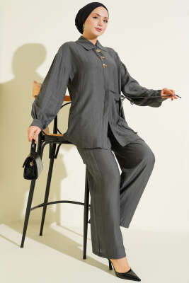 Gold Detaylı İp Bağlamalı İkili Takım Füme - İkili Takım