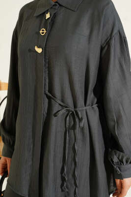 Gold Detaylı İp Bağlamalı İkili Takım Füme - İkili Takım