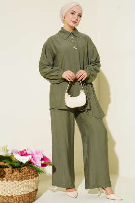 Gold Detaylı İp Bağlamalı İkili Takım Haki - BERAT TEKSTİL