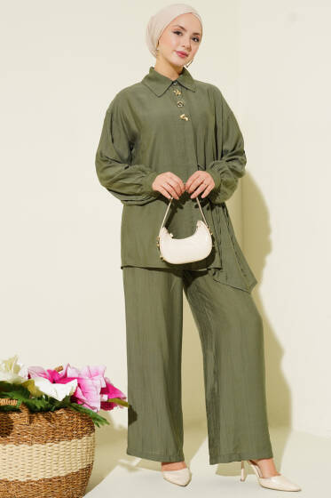 Gold Detaylı İp Bağlamalı İkili Takım Haki - İkili Takım