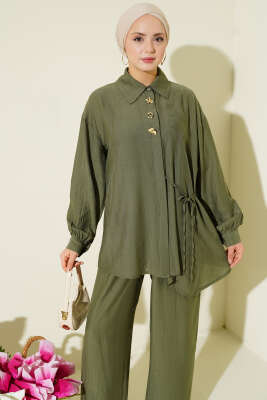 Gold Detaylı İp Bağlamalı İkili Takım Haki - İkili Takım