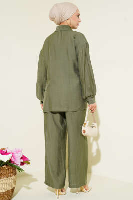 Gold Detaylı İp Bağlamalı İkili Takım Haki - İkili Takım