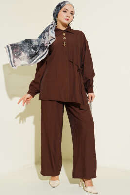 Gold Detaylı İp Bağlamalı İkili Takım Kahve - BERAT TEKSTİL