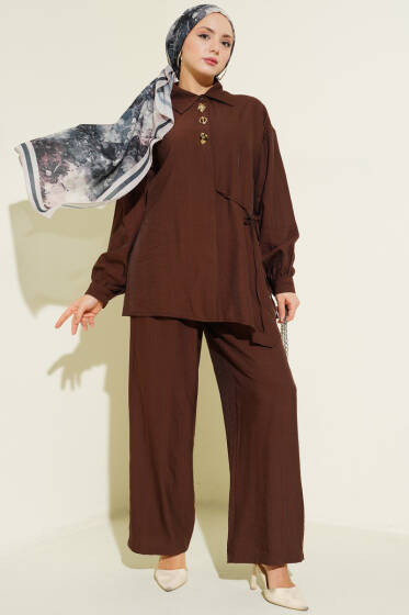 Gold Detaylı İp Bağlamalı İkili Takım Kahve - İkili Takım