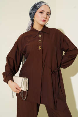 Gold Detaylı İp Bağlamalı İkili Takım Kahve - İkili Takım