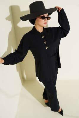 Gold Detaylı İp Bağlamalı İkili Takım Siyah - BERAT TEKSTİL