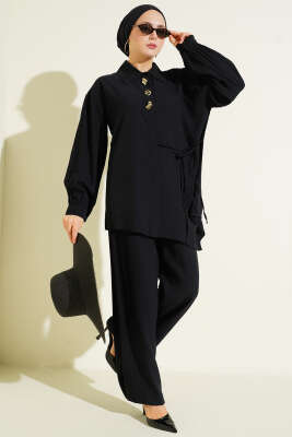 Gold Detaylı İp Bağlamalı İkili Takım Siyah - İkili Takım