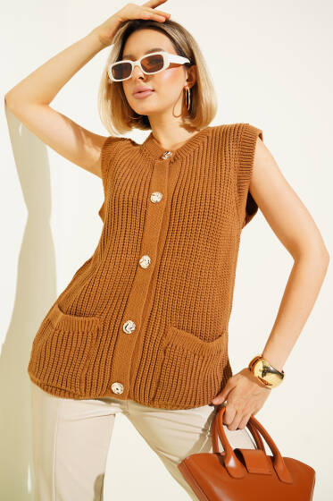 Gold Düğme Detaylı Cepli Triko Hırka Taba - Kadın Giyim Modelleri