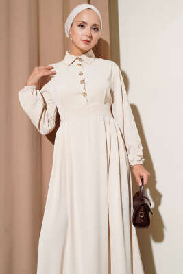 Gold Düğme Detaylı Elbise Bej - Tesettür Elbise
