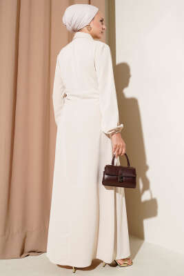 Gold Düğme Detaylı Elbise Bej - Tesettür Elbise