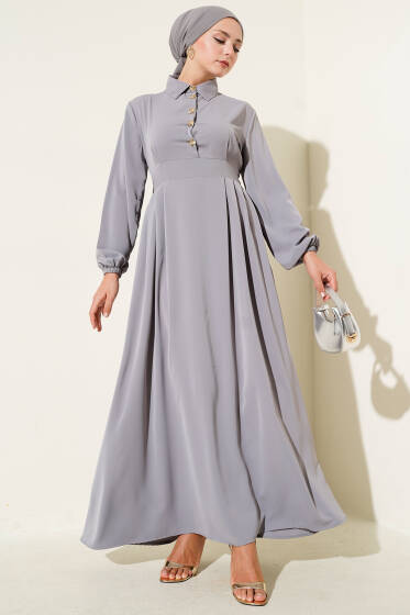 Gold Düğme Detaylı Elbise Gri - Elbise