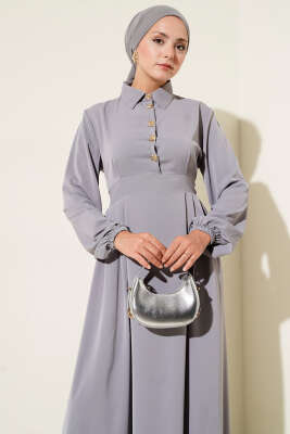 Gold Düğme Detaylı Elbise Gri - Tesettür Elbise