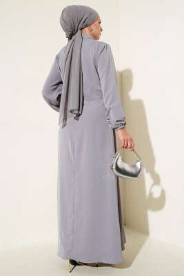 Gold Düğme Detaylı Elbise Gri - Tesettür Elbise