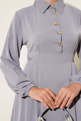 Gold Düğme Detaylı Elbise Gri - Tesettür Elbise